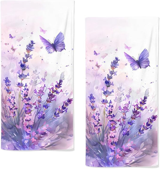 Lavender Hand Towels Set of 2 Lightweight Breathable Purple Floral Bath Towels Highly Absorbent Butterfly Lavender Towels for Bathroom Gym Hotel Decorative Fast Drying Towels 28.7x13.7 Inch