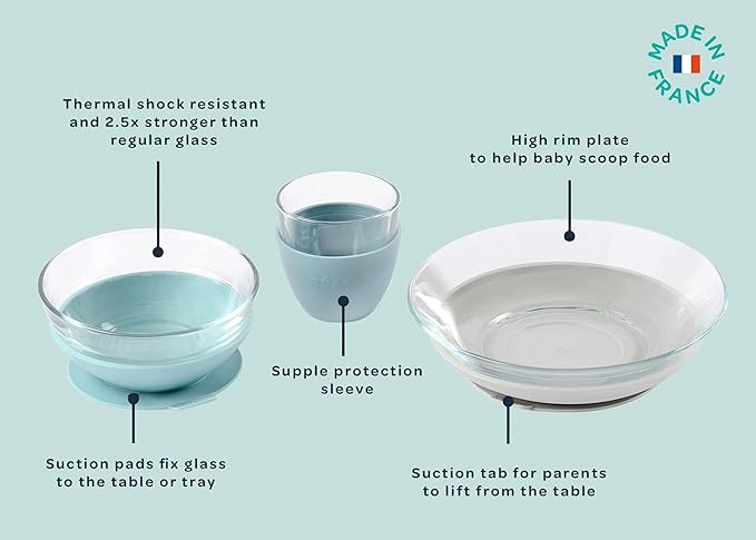 BEABA 3-Piece Glass Meal Set with Suction Pad, Toddler Plate and Baby Bowls with Suction, Non Slip Kids Dinnerware Set, 2.5x Stronger than Regular Glass, (Rain)