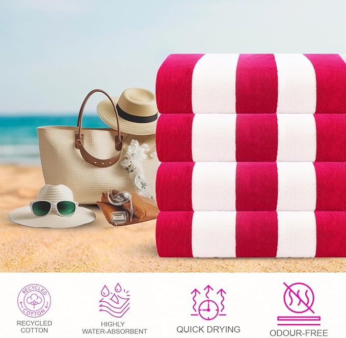 CASA COPENHAGEN Cabana Towel Designed in Denmark Rough and Tough, Quick Dry, Beach, Pool, Bath & Shower 30x60 inches 4 Pieces Cotton Beach Bath Towels Set - Pink