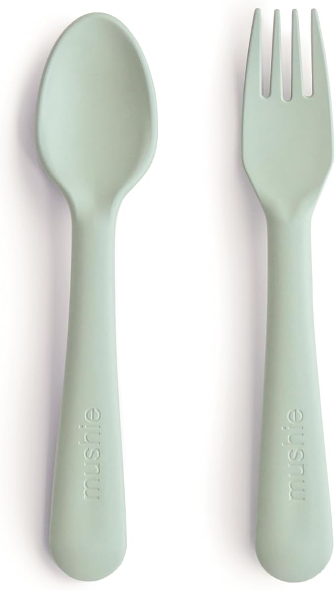 mushie Flatware Fork and Spoon Set For Kids | Made in Denmark (Sage)