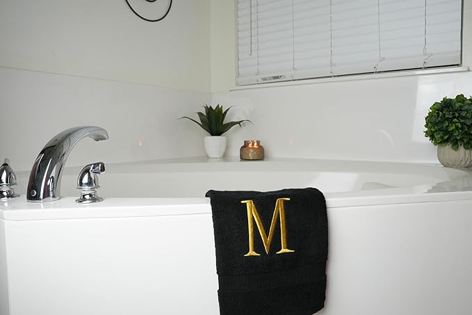 Black Initial Hand Towel for Bathroom - Monogrammed Luxury Hotel Quality Decorative Embroidered Towel for Powder Room, Spa - GOTS Organic -Certified - Pack of 2 - Letter M