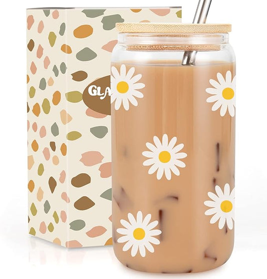 GSPY Daisy Aesthetic Gifts, Iced Coffee Cup, Cute Glass Cups with Lids and Straws - Cute Mugs, Flower Mug, Glass Tumbler - Retro, Christmas, Birthday Gifts for Women, Coffee Lovers, Friend, Girls, Mom