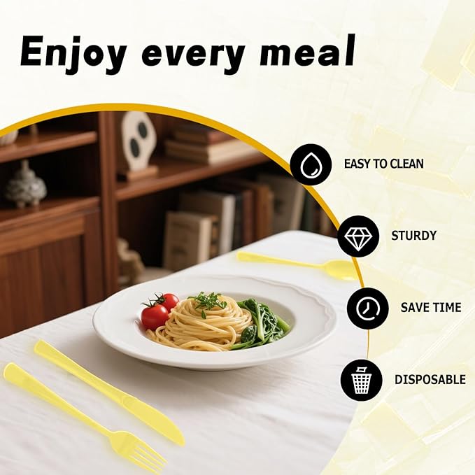 150 Pack Disposable Plastic Silverware, Heavy Duty Light Yellow Plastic Cutlery Set Includes 50 Forks 50 Knives 50 Spoons for Birthday Wedding Party Picnics (150, Light Yellow)