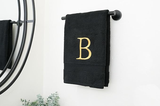 Black and Gold Bathroom Hand Towel - Monogrammed Luxury Hotel Quality Decorative Embroidered Towel for Powder Room, Spa - GOTS Organic Certified - Pack of 2, Letter B