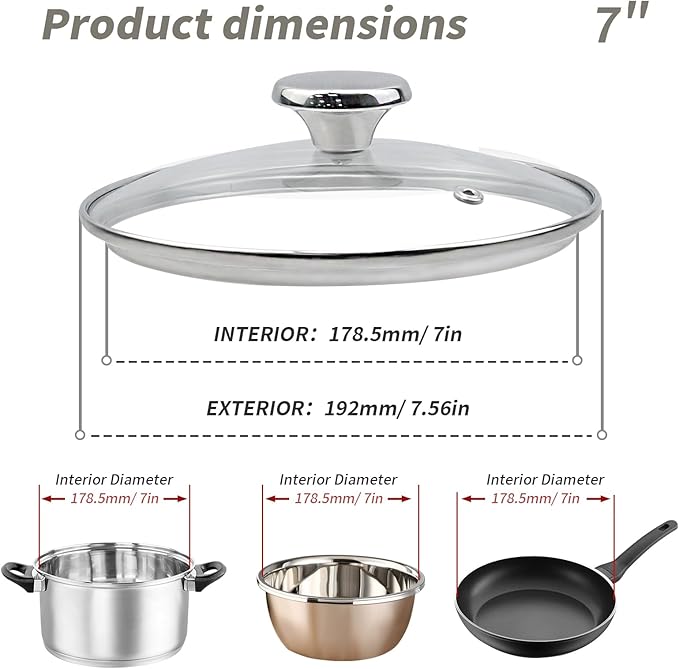 7" Tempered Glass Pan Lid with Steam Vent, Thickened to 4mm and Dishwasher Safe and Oven up to 480℉, Universal Lid Fit for Cast Iron Skillets, Frying Saute Pan, Cooking Pot