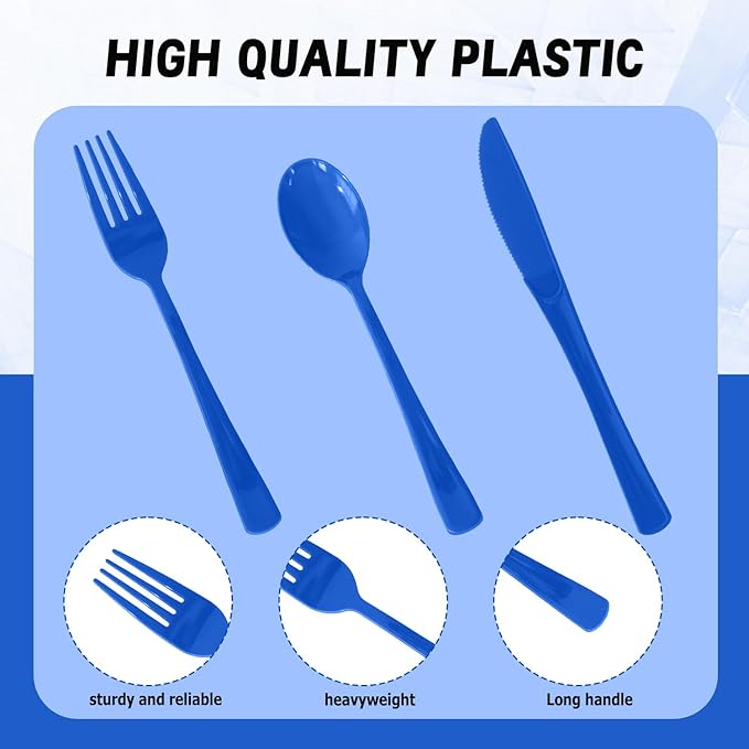 300 Pack Disposable Plastic Silverware, Heavy Duty Blue Plastic Cutlery Set Includes 100 Forks 100 Knives 100 Spoons for Birthday Wedding Party Picnics (300, Blue)