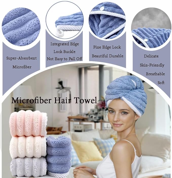 Microfiber Hair Towel Wrap, 2Pack Thickened Drying Hair Wraps Towels with Button. Super Absorbent Drying Hair Towel Wrap for Curly Hair, Anti Frizz Towel for Women(Blue+ Off White)