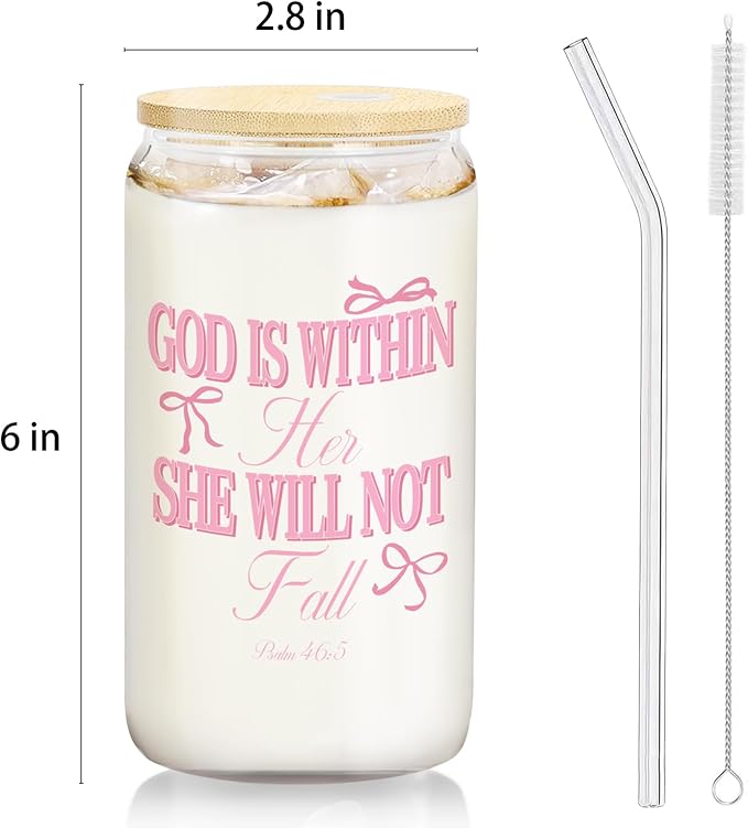 Coquette Pink Bow Christian Glass Cup with Lids and Straws 14oz, Bible Verse Gifts, God is Within Her She Will Not fall Scripture Glass Coffee Tumbler Drinking Jars with Cleaning Brush