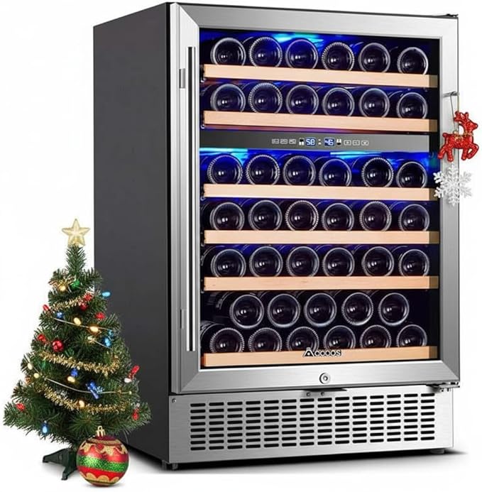 AAOBOSI 24 Inch Wine Fridge, 46 Bottles Wine Cooler with Dual Zone, Freestanding and Built-in Wine Refrigerator with Adjustable Shelves and Safety Lock, Double-Layer Glass Door, LED Light