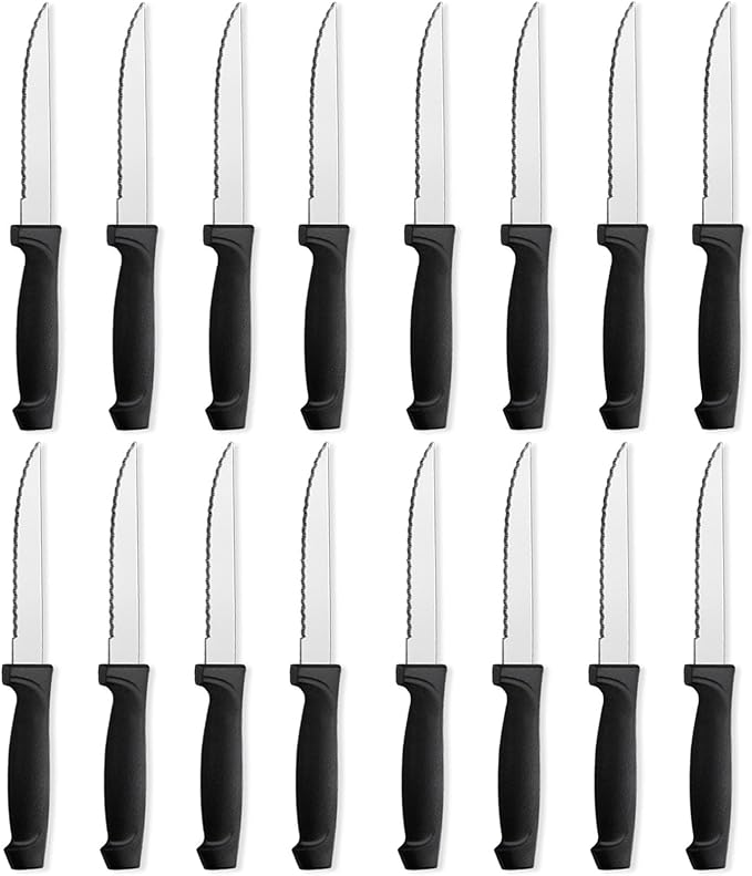 Pleafind 16-Pcs Steak Knives, 8.5 Inch Serrated Knives, Stainless Steel Steak Knives, Meat Knife for Table, Elegant Black Steak Knife Set for Home, Kitchen, Restaurant, Dishwasher Safe