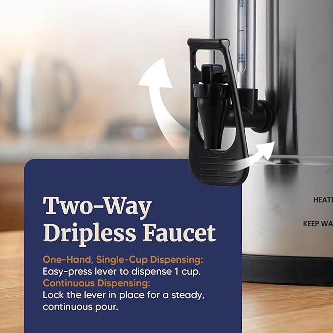 Elite Gourmet 100-Cup Commercial Coffee Urn/Water Boiler, Dual Wall Insulated, Fast Brew 1 Cup/Min, Dual Indicator Lights, Keep Warm, Dripless Faucet, Stainless-Steel