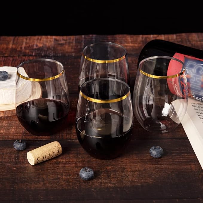 SUT 24 Pack 12oz Gold Plastic Wine Glasses Stemless, Gold Disposable Wine Cups, Premium Quality, Recyclable, Unbreakable, Crystal and BPA-Free for Party