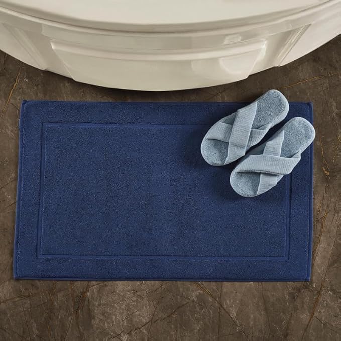 Hawmam Linen Royal Blue Bath Mats, 21 x 34 inches, Pack of 2-100% Ring Spun Cotton,[Not a Bathroom Rug] Banded Design, Highly Absorbent, Machine Washable for Bathroom Floor Towel