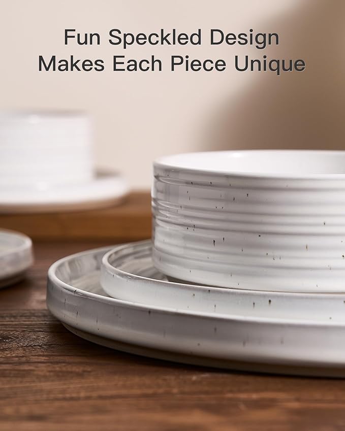 Stoneware Dinnerware Dishes Set for 8, 24 Pieces Spiral Plates and Bowls Sets with Straight Rim, Speckles & Reactive Glaze - Microwave and Dishwasher Safe, White