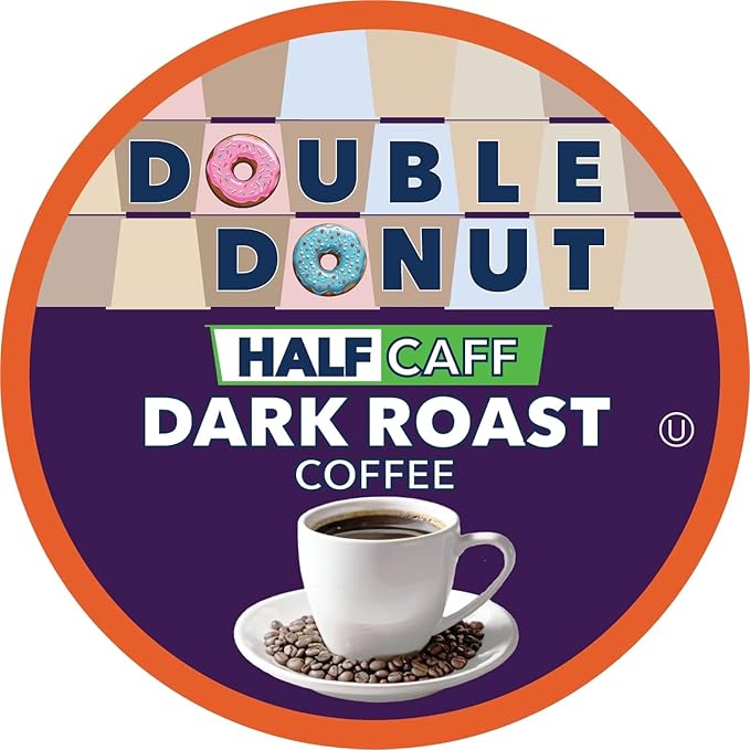 Double Donut Coffee Half Caff Dark Roast Coffee Pods, Dark Roast Coffee, Compatible with Keurig K Cups Brewers 72 ct