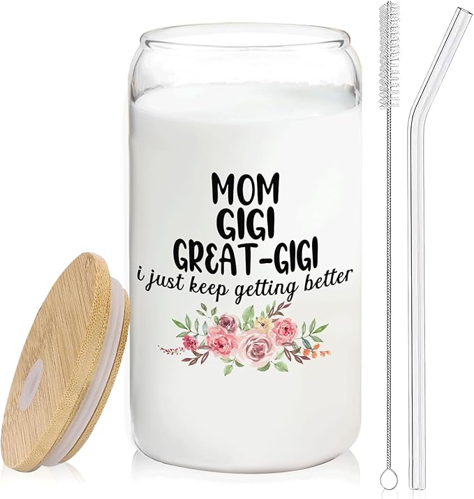 Christmas Grandma Gifts For Mom Gigi Great Gigi Glass Coffee Cup With Lid And Straws 14oz - christmas Glass Cup gifts For Grandmother