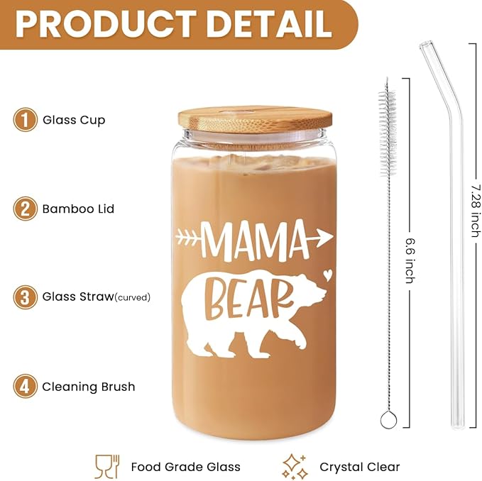Gifts for Mom from Daughter Son - Mom 16 Oz Can Glass Coffee Cup with Bamboo Lid & Straw - Mothers Gift for Women on Birthday Mothers Day
