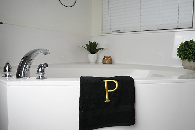 Black Monogrammed Hand Towel for Bathroom - Initial Hotel Quality Decorative Embroidered Luxury Towel for Powder Room, Spa - GOTS Organic Certified - Pack of 2, Letter P