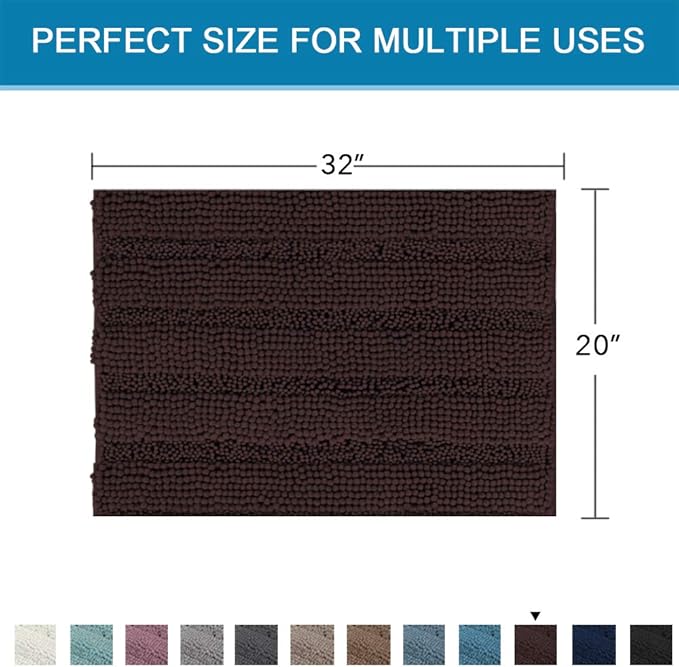 H.VERSAILTEX Bath Rugs for Bathroom Non Slip Bath Mats Extra Thick Chenille Striped Rug 20" x 32" Absorbent Non Skid Fluffy Soft Shaggy Washable Plush Mat for Indoor, Bath Room, Tub - Chocolate