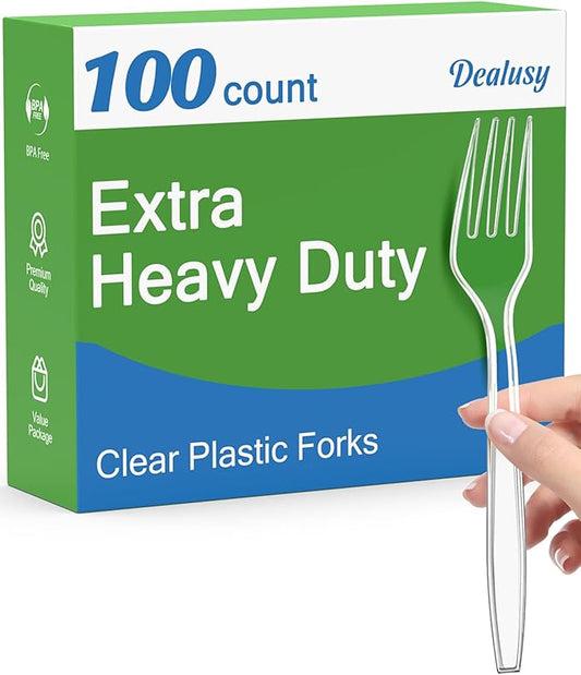 100 Count Extra Heavy Duty Clear Plastic Forks Disposable, BPA-Free, Heat Resistant, Solid and Durable Disposable Forks Bulk, Premium Plastic Forks heavy duty for Party Supply