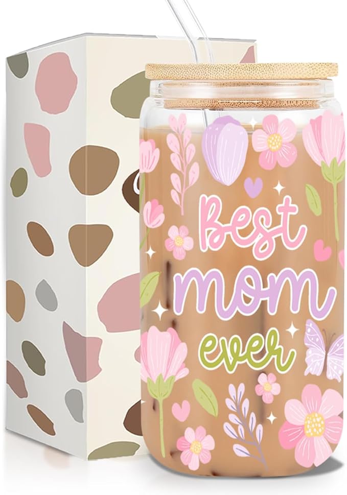 Best Mom Ever Iced Coffee Cup, Floral Butterfly Glass Tumbler, 16 oz Wildflower Aesthetic Coffee Glass Cup with Lid Straw, Mothers Day Christmas Birthday Gifts for Women Mom