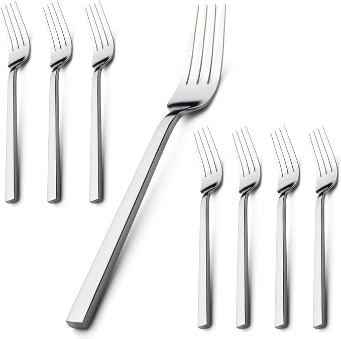 Alata Cube 8-Piece Forged Stainless Steel Dinner Forks, Mirror Finish, Dishwasher Safe