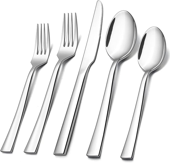 10-Piece Silverware Set, E-far Stainless Steel Flatware Set Service for 2, Modern Tableware Cutlery Set for Home and Restaurant, Square Edge & Mirror Finish, Dishwasher Safe