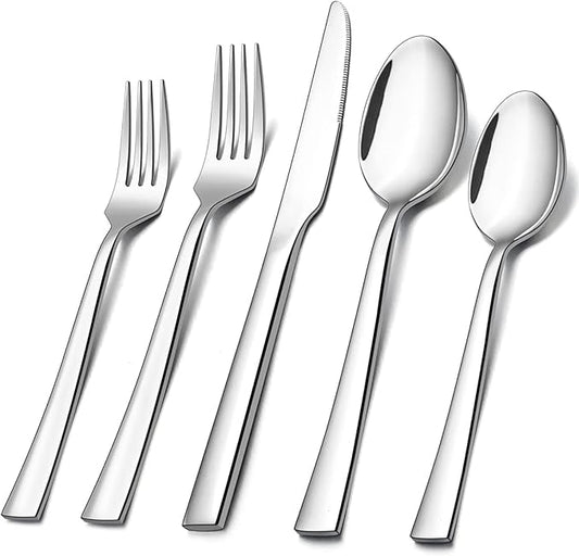 10-Piece Silverware Set, E-far Stainless Steel Flatware Set Service for 2, Modern Tableware Cutlery Set for Home and Restaurant, Square Edge & Mirror Finish, Dishwasher Safe