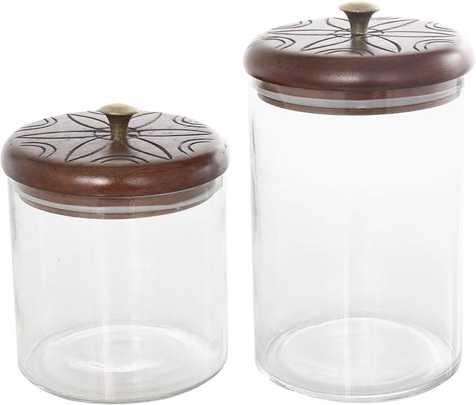 Deco 79 Glass Floral Living Room Decorative Jars Carved Decorative Container with Brown Wooden Lids and Gold Knobs, Set of 2 Jar with Lid 9", 6"H, Clear