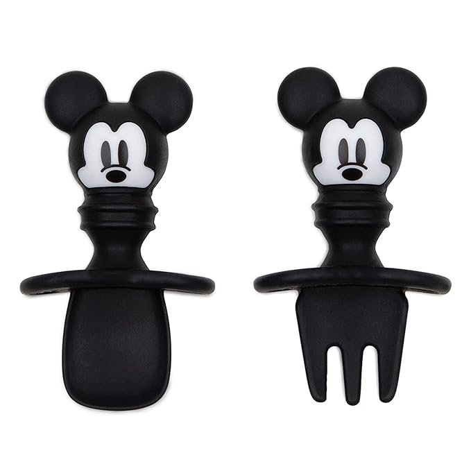 Bumkins Disney Baby Utensils Set, Chewtensils Silicone Spoons for Dipping, Self-Feeding, Baby Led Weaning, Trainer Learning First Stage Stage Eating, Fork and Spoon, Babies 6 Months, Mickey Mouse