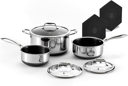 HexClad Hybrid Nonstick 6-Piece Pot Set with 2 Silicone Trivets, 2, 3, and 8-Quart Pots with Tempered Glass Lids, Stay-Cool Handles, Dishwasher-Friendly, Induction Ready, Compatible with All Cooktops