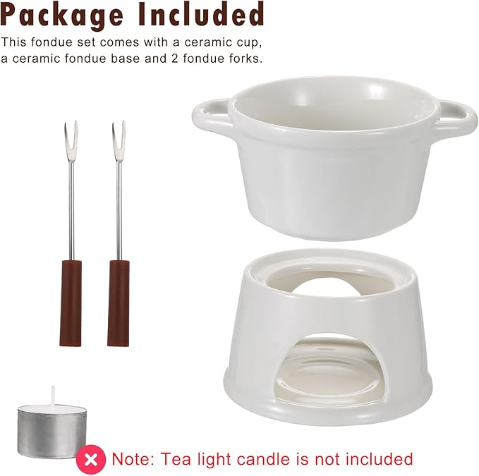 BSTKEY 300ML Ceramic Butter Warmer Set with 2 Forks, White Fondue Pot Melting Pot Set, Melt Hot Pot Bowl Set for Cheese Chocolate Butter Caramel