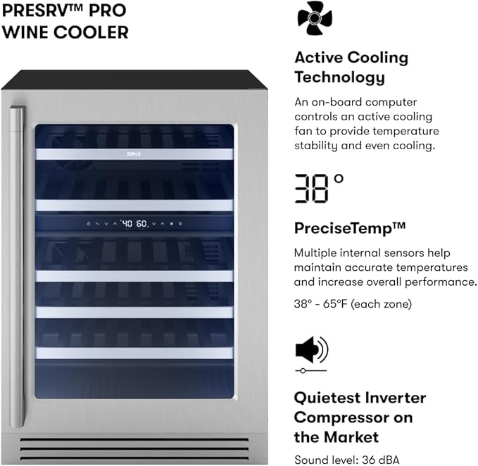 Zephyr Presrv 24 Inch Pro Wine Fridge Dual Zone Under Counter - Pro-Style Design Wine Cooler Cellars Small Cabinet Wine Refrigerator Home Bar Chiller Freestanding Wine Cooler, 45 Bottles 750ml