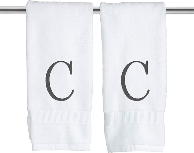 Dark Gray Initial Hand Towel for Bathroom - Monogrammed Luxury Hotel Quality Decorative Embroidered Towel for Powder Room, Spa - GOTS Organic Certified - Pack of 2, Letter C