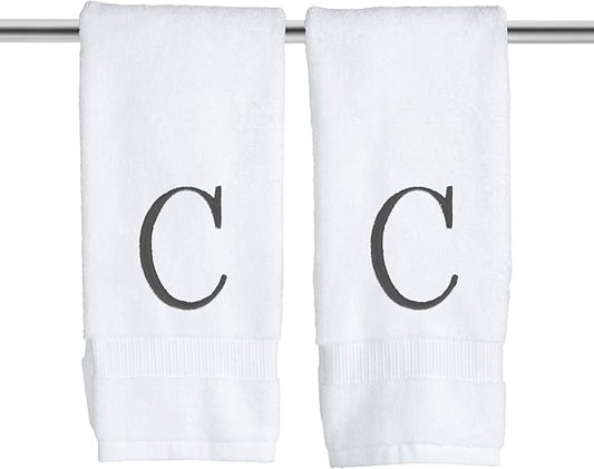 Dark Gray Initial Hand Towel for Bathroom - Monogrammed Luxury Hotel Quality Decorative Embroidered Towel for Powder Room, Spa - GOTS Organic Certified - Pack of 2, Letter C