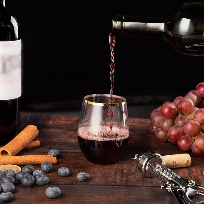 SUT 24 Pack 12oz Gold Plastic Wine Glasses Stemless, Gold Disposable Wine Cups, Premium Quality, Recyclable, Unbreakable, Crystal and BPA-Free for Party