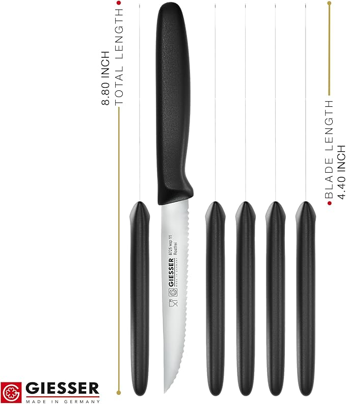 Giesser since 1776, Made In Germany, Steak Knife set of 6, serrated tip point edge, stainless steel, black