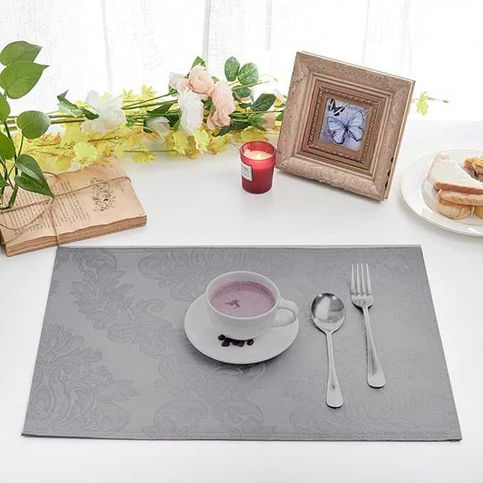 Place Mats Set of 8 – Rectangle Rectangular Waterproof Fabric Polyester Cloth Washable Wipeable Heat Resistant Placemats for Kitchen Dining Dinner Table Indoor 13 X 19 Inch Grey