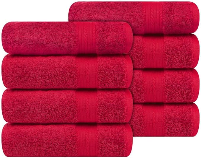 Ample Decor Hand Towel 18 X 28 Inch Pack of 8 600 GSM 100% Cotton, Soft Absorbent Premium Quality, for Hotel, Bathroom, Spa, Gym - Christmas Red