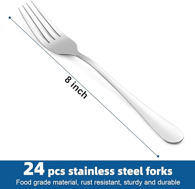 24-Piece Dinner Forks Set, Stainless Steel, 8 Inch, Silver, Polished, Dishwasher Safe