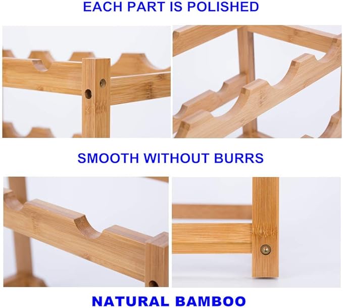 Wine Rack, Natural Bamboo Storage Rack Freestanding Countertop Stackable Display Shelf Wine Bottle Holder (4-Tiers 16-Bottles)