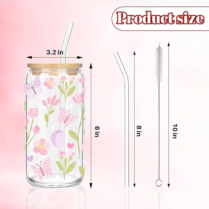 Best Mom Ever Iced Coffee Cup, Floral Butterfly Glass Tumbler, 16 oz Wildflower Aesthetic Coffee Glass Cup with Lid Straw, Mothers Day Christmas Birthday Gifts for Women Mom