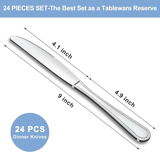 Dinner Knives Set of 24, 9” Knives Set, Butter Knife with Pretty Line Handle, Sharp Knife Set, Food Grade Stainless Steel Table Knife, Silverware, Dishwasher Safe & Mirror Polished