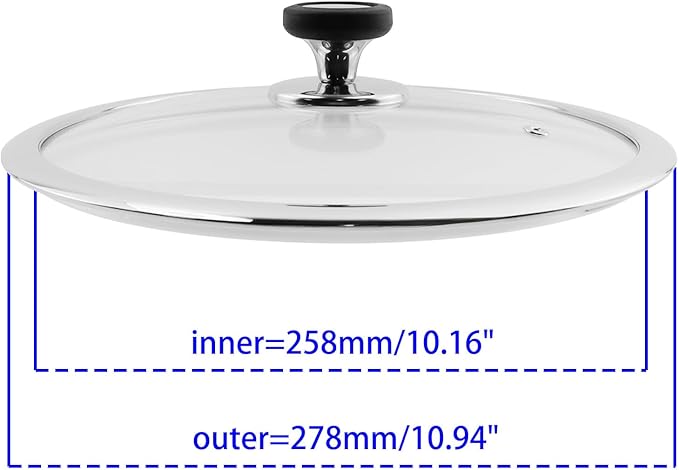 Woogim Universal Cookware Lid with Stainless Steel Wide Edge 10.5 Inch,4mm Tempered Glass Cover with Steam Vent,Dishwasher Safe and Oven up to 480℉,for Frying Pans,Sauce Pots & Woks