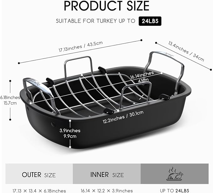 Nonstick Turkey Roasting Pan with Rack, 17 x 13 Inch Turkey Pan, large roaster pan for Meat & Vegetable, (Silver)