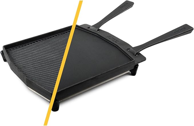 ooni Cast Iron Dual-Sided Grizzler Plate - 13.6" x 12.5" Reversible Griddle with Removable Handle and Stainless Steel Trivet, Pre-Seasoned Non-Stick Oven Safe Cookware, Pizza Oven and BBQ Accessories