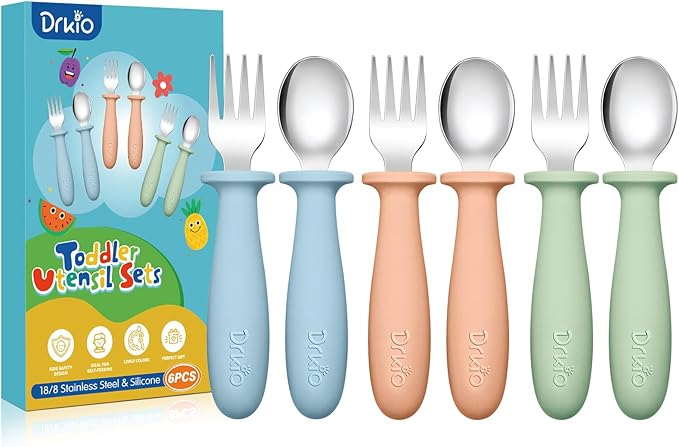 DRKIO 6 Pieces Toddler Utensils Set - Kids Silverware Set with Silicone Handle Children Safe 18/8 Stainless Steel Forks and Spoons Anti-Choke Design Food Grade Dishwasher Safe