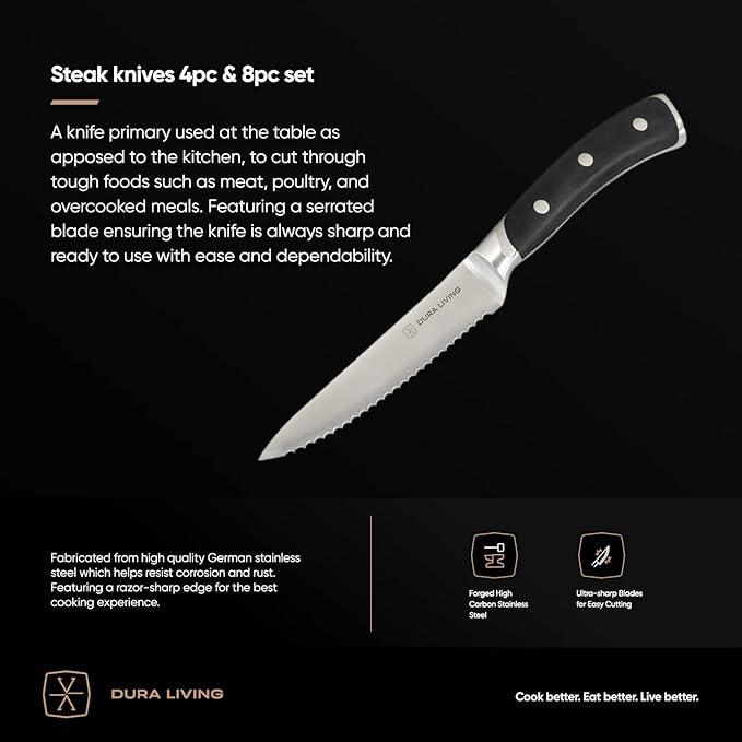 DURA LIVING 8-Piece Serrated Kitchen Steak Knife Set – Forged High Carbon Stainless Steel, Ultra Sharp, Ergonomic Black Handles, Durable Dinner Knives, Black Handle