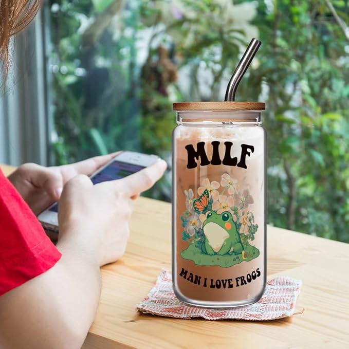 FALJIOK Funny Frog Gifts for Women Mom Wife Pregnant Friend, Girlfriend, Cute Frog Stuff 16 oz Coffee Glass Cups w/Lids Straws for Christmas Birthday