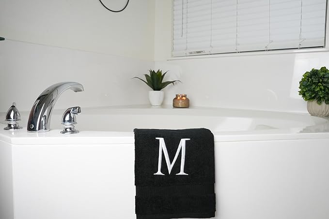 Black Initial Hand Towel for Bathroom - Monogrammed Luxury Hotel Quality Decorative Embroidered Towel for Powder Room, Spa - GOTS Organic Certified - Pack of 2, Letter M